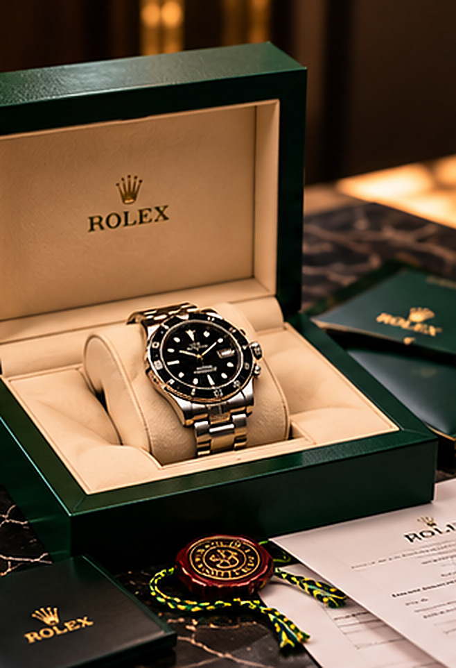 Luxury watch presentation with box and accessories